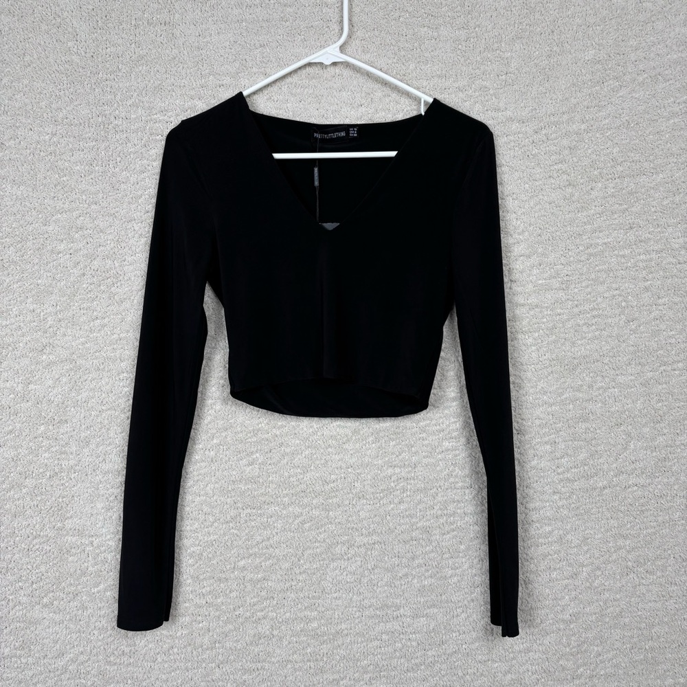 PrettyLittleThing Top Womens 10 Black Second Skin Long Sleeve V Neck Crop